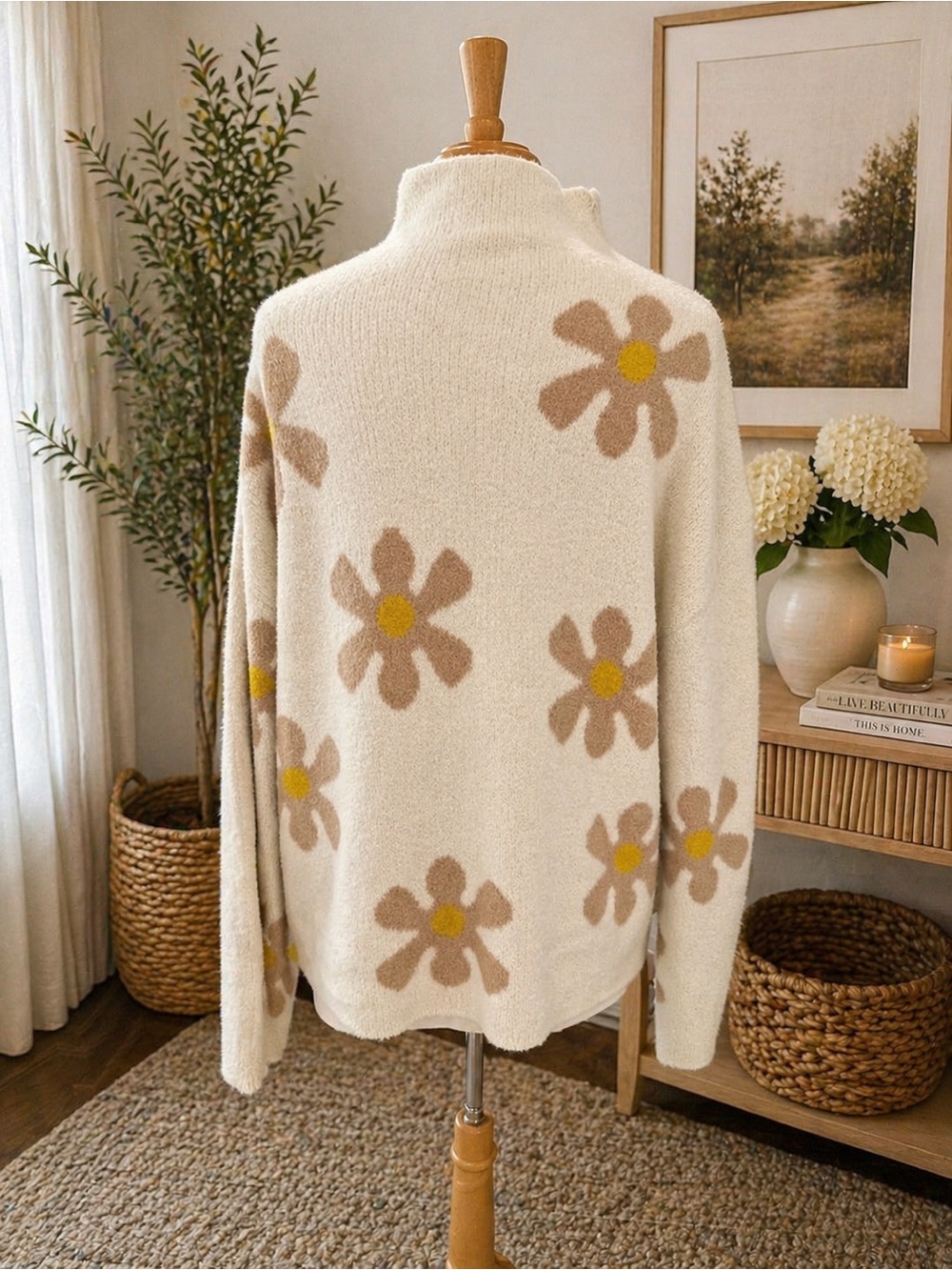 Chelsea & Theodore Floral Sweater XL Cream Oversized Soft Cozy Knit Daisy Print - Picture 4 of 5